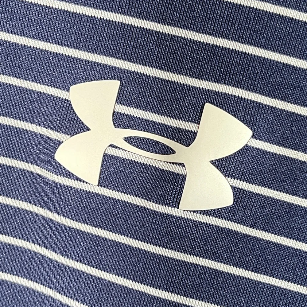 🦜 Under Armour Heatgear Polo Shirt Mens MEDIUM Blue Striped Polyester Golf - Picture 5 of 6